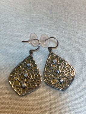 Vintage 925 Sterling Filigree Teardrop Dangle Earrings- Rhinestones, Two-tone